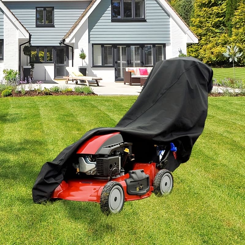 TEMU Heavy Duty Uv-resistant Lawn Mower Cover - 600d Polyester, Adjustable Drawstring & Storage Bag, For Yard Equipment, Black, , Durable Fabric, Fits Most Lawn Mowers
