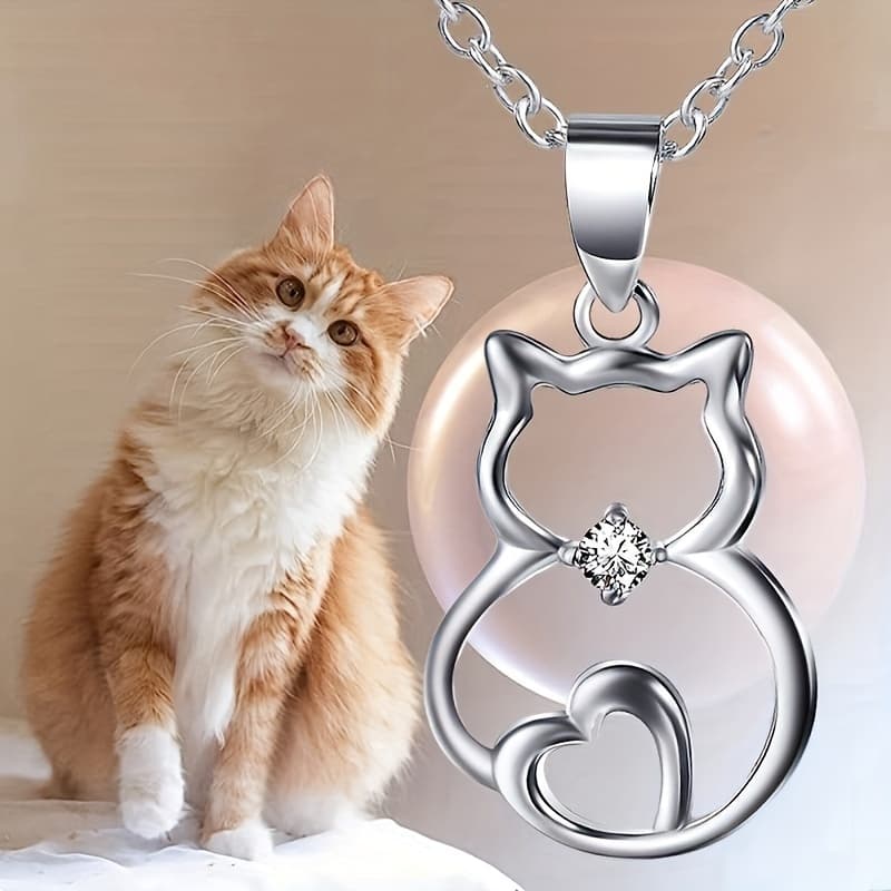 TEMU 1pc Women's Fashion Pendant Necklace, Cute Cat Micro-pave Synthetic Synthetic Zirconia Heart Pendant Necklace, Daily Party Accessory, Valentine's Day Birthday Gift