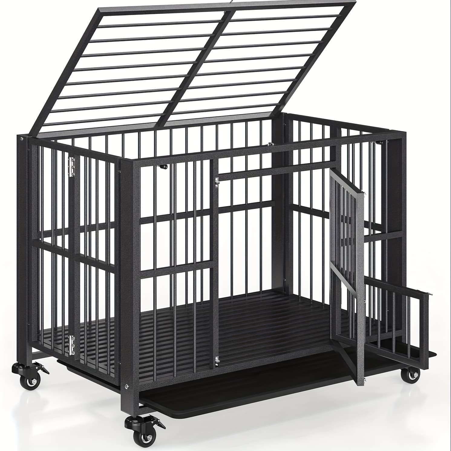 TEMU Polar Aurora Heavy Duty Dog Crate, Foldable Indestructible Dog Kennel, Escape Proof Extra Large Dog Cage With Lockable Wheels, Pet Playpen With Double Door For Indoor/outdoor Use.