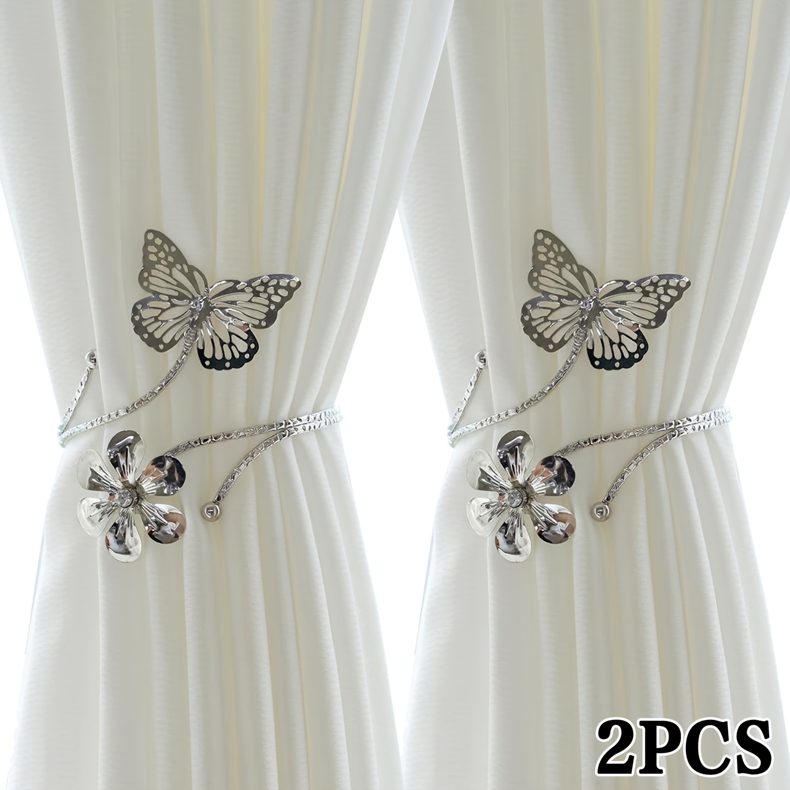 TEMU 2pcs Modern Golden & Silvery & Floral Metal Curtain Ties - No-drill Adjustable Window Treatments For Living Room, Bedroom, Office Decor, Curtains For Living Room