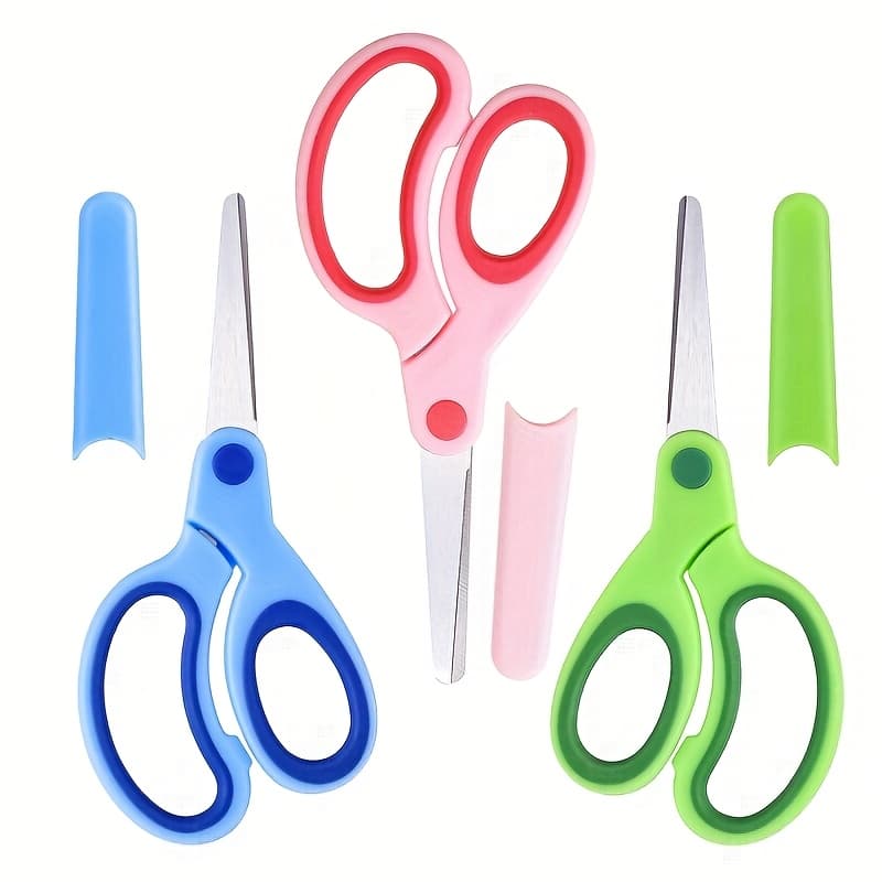 TEMU 3pcs Colorful Student Safety Scissors With Lid And - Stainless Steel Blade, Diy Handmade Round Head Safety Paper Cutting Tool, Suitable For Home And School Use