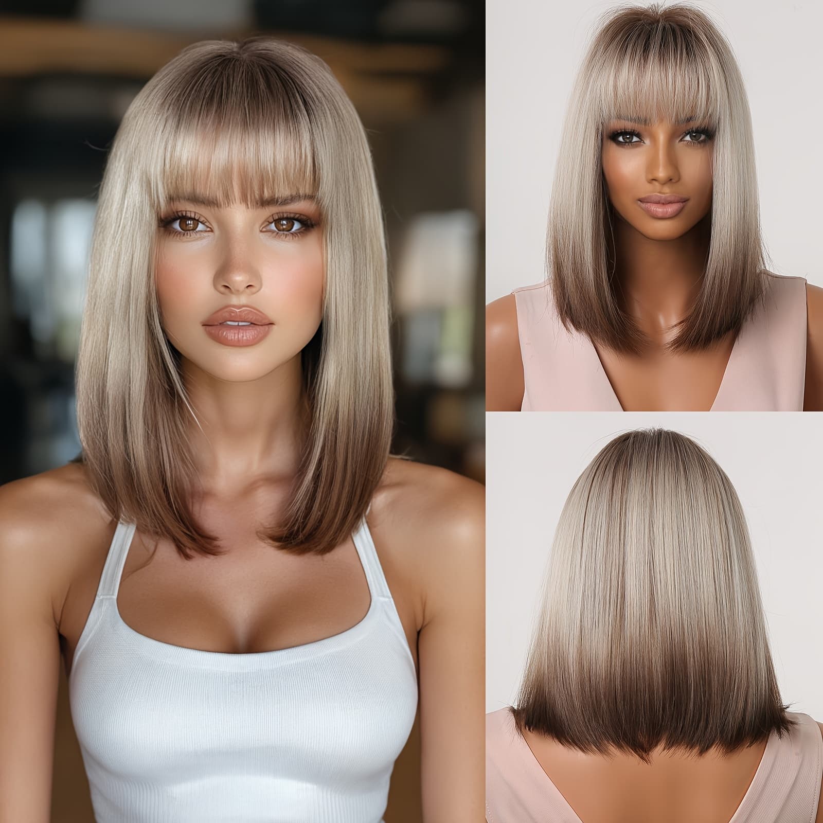 TEMU Gradual Brown Flat Bangs, Short Straight Hair, Synthetic Fiber Wig Headband, Women's Matte High-temperature Silk Rose Mesh Hat, Breathable