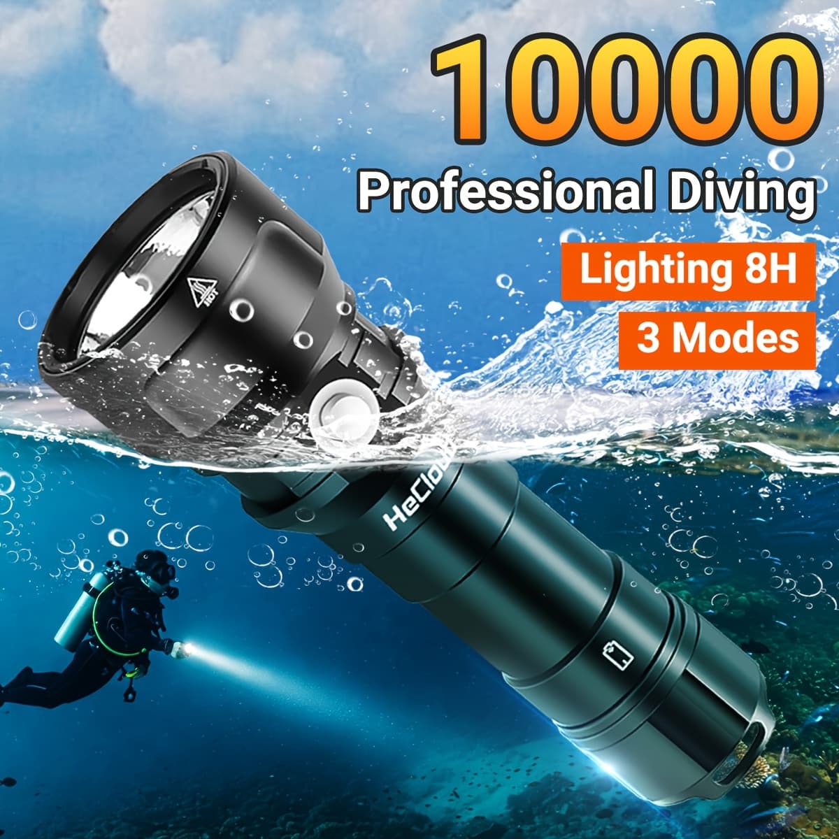 TEMU High Diving Scuba Flashlight, Underwater 394ft Professional Snorkeling Lights, Led Diving Torch With Rechargeable Battery And Usb Charger For Underwater Sports