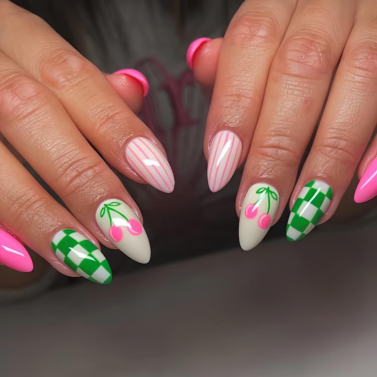 TEMU 48pcs Women's False Nails Mixed Color Pink Green Almond Medium Long Striped Cherry Shiny Wearable Nail Removable Press Type Used Repeatedly