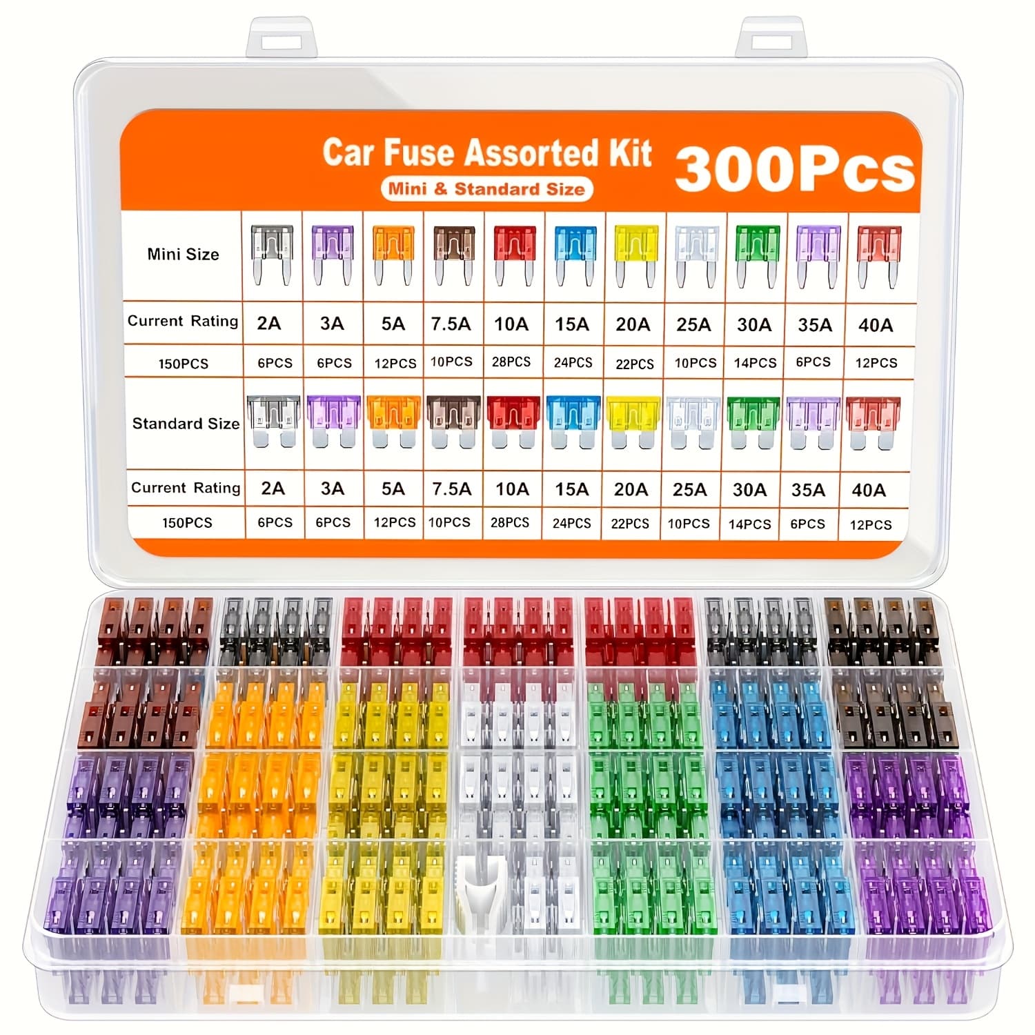 TEMU 300pcs Car Fuse Assortment Kit 150 Mini Blade Fuses Automotive 150 Standard Auto Fuses Puller Replacement For Rv Boat Truck (2amp 3a 5a 7.5a 10a 15a 20a 25a 30a 35a 40a)