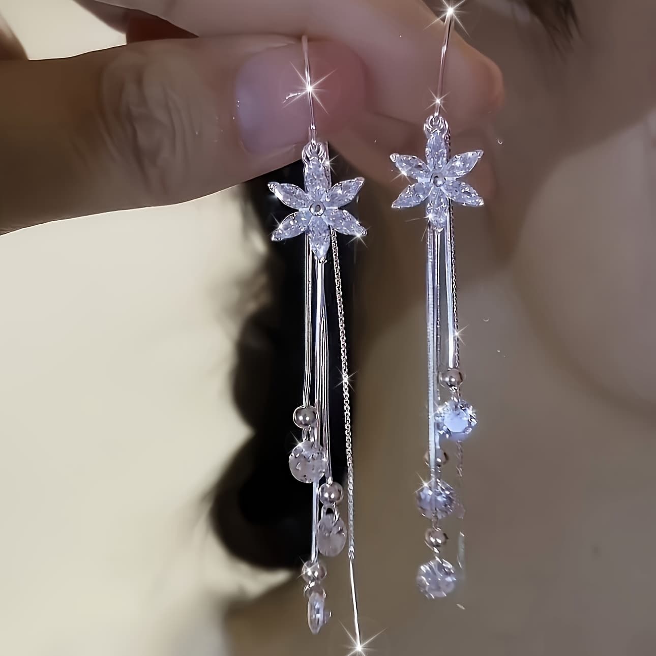 TEMU 925 Silver Long Tassel Flower Earrings, Niche Design, Glossy High-end Earrings, Birthday Gifts, Christmas Gifts