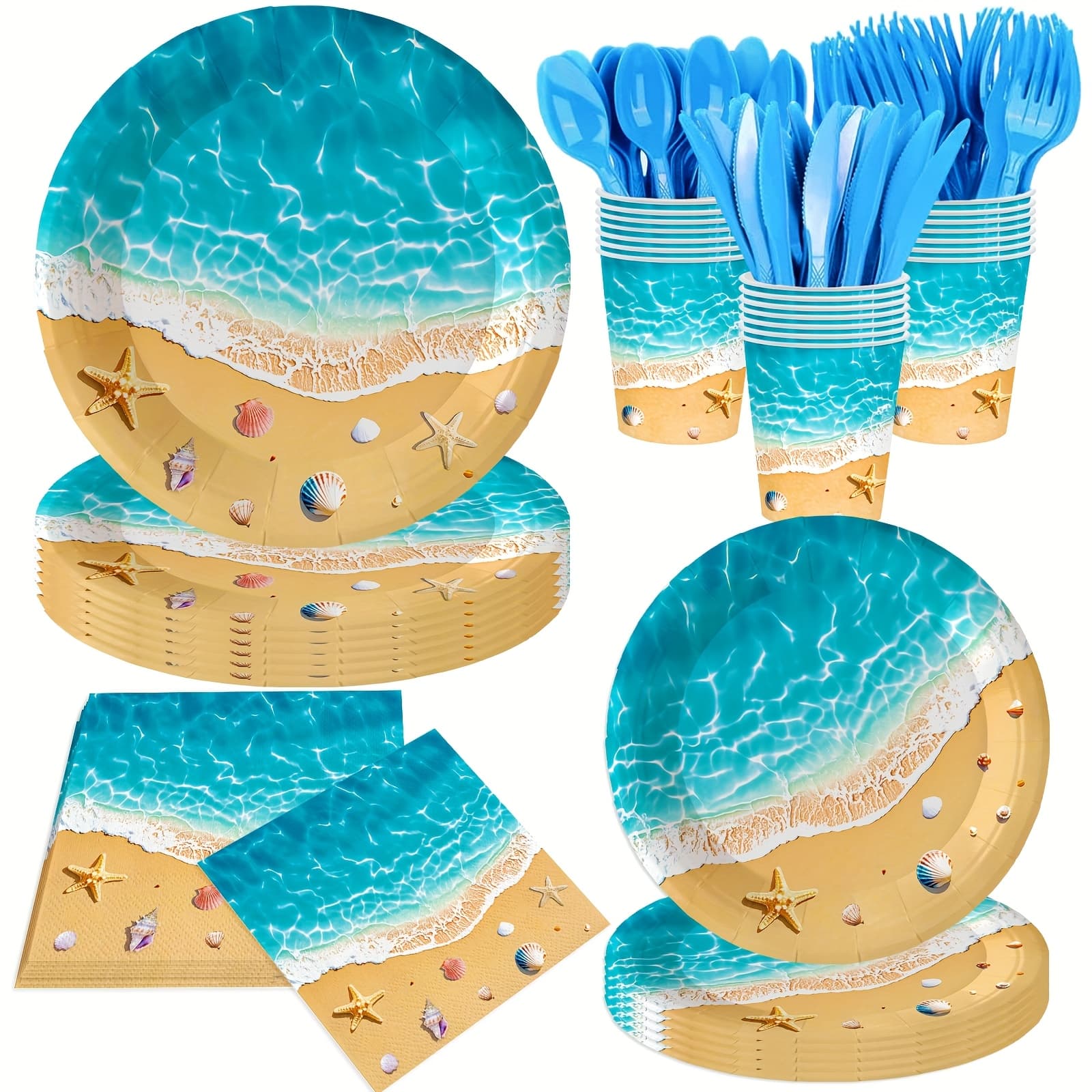 TEMU 140pcs, Summer Beach Birthday Decoration Plates And Napkins, Beach Party Supplies Ocean Wave Tableware Set, Hawaiian Paper Plates, Suitable For 20 Guests