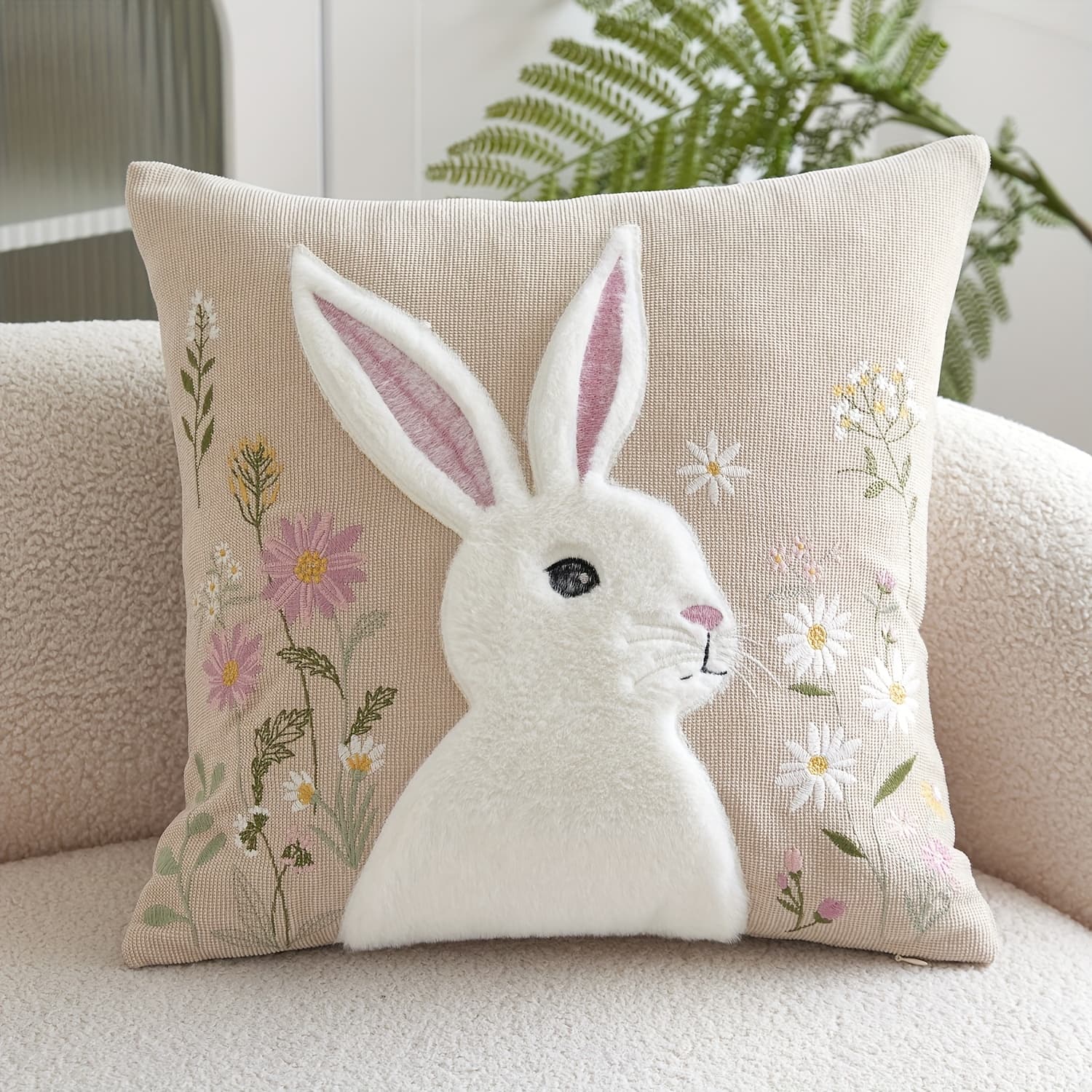 TEMU 1pc, Easter Key Cushion Covers, Easter Wild Floral Rabbit Covers, Single-sided Embroidery, 17.7 X 17.7 Inches, Suitable For Sofa, Living Room, Bedroom Home Decoration, No Pillow Core