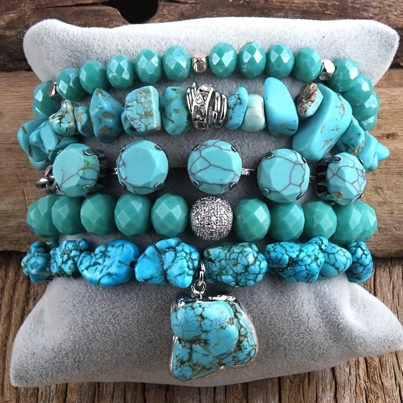 TEMU 5pcs Beaded Turquoise Bracelet Set, Stackable Handmade Crystal And Turquoise Stretch Bracelets, For Daily And Vacation Wear-bohemian Elegant Style Suitable For Women Stackable