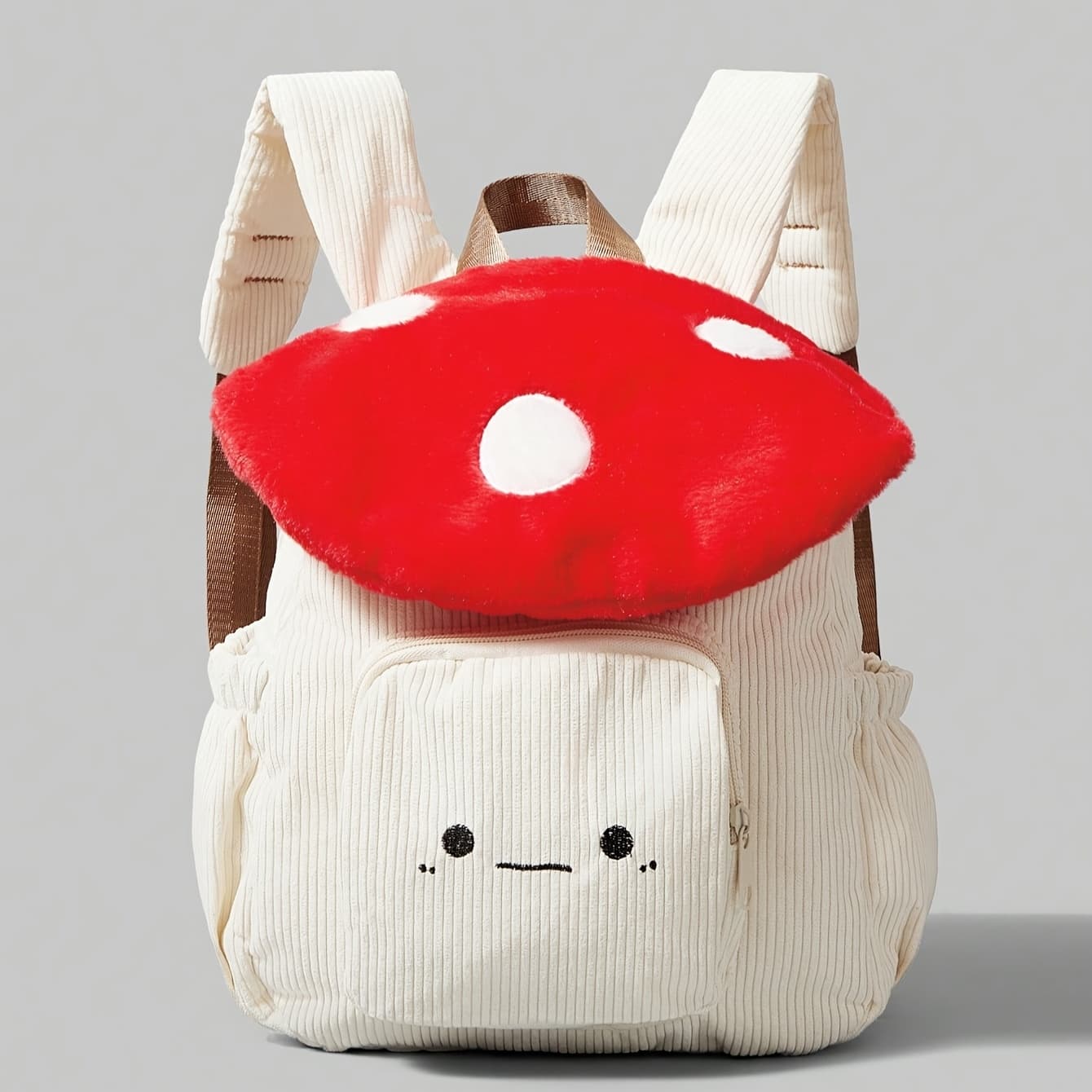 TEMU Women's Kawaii Anime Plush Mushroom Backpack - Corduroy Bookbag With Adjustable Straps & Closure, Sweet Stripe & , Machine Washable Suitable For Travel, Daily Use, Fans