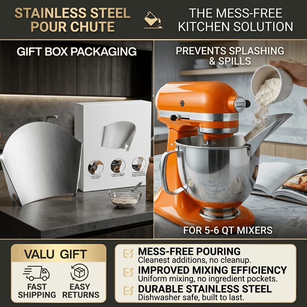 TEMU Stainless Steel Pouring Chute Compatible With Attachments, Universal Funnel Shield For Tilt-head And Bowl-lift Models, Dishwasher Safe Kitchen Accessories For Mess-free Baking, Gift Box Included