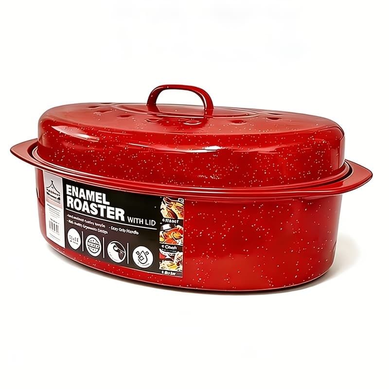 TEMU Granite Enamel Roasting Pan With Lid, Large Nonstick Carbon Steel Turkey Roaster For Oven, Chicken Roasting Pan, Soup Stew Bakeware,black/red Cooking Soup Pot