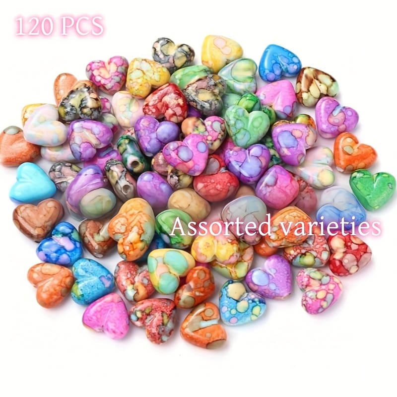 TEMU 120pcs Vibrant Heart-shaped Acrylic Beads - Colorful Painting, 16mm Loose Spacer Beads For Jewelry Making, Diy Earrings, Keychain, Handmade Accessories - Ideal For Crafting And