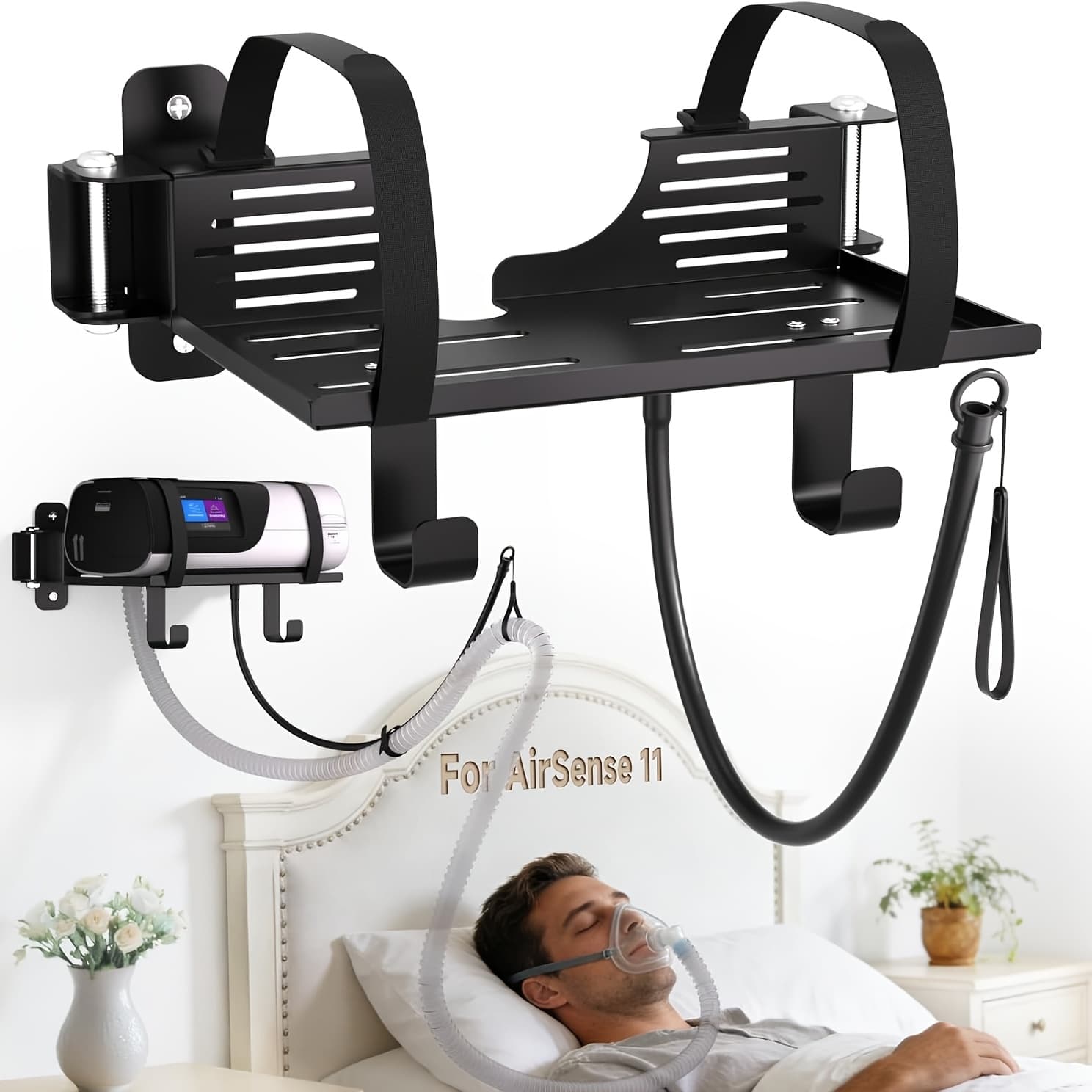 TEMU Cpap Wall Mount Shelf For 11 Machine - 180° Swivel Holder, 90° Rotating Hanger With For Tube Organizer Mask Stand [-free], Bedside Bed Room Decor/black