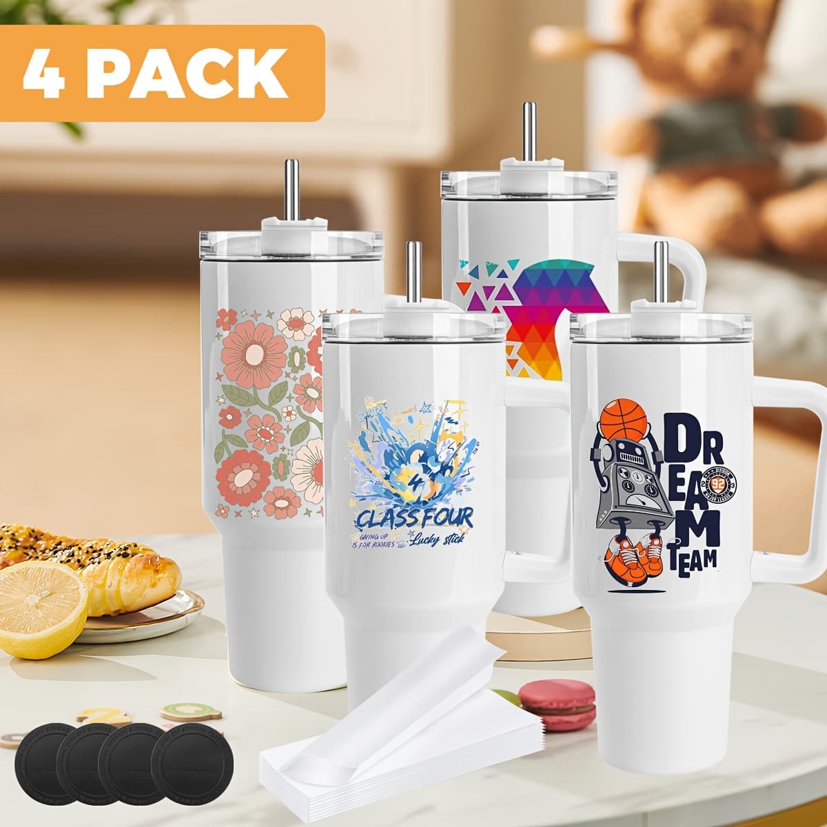 TEMU 4 Pack 40 Oz Sublimation Tumblers With Handle Blank Insulated Large Tumbler Bulk, Coffee Travel Cups Camping Stainless Steel Mug For Craft Heat Press Print, Easter, Birthday Gift