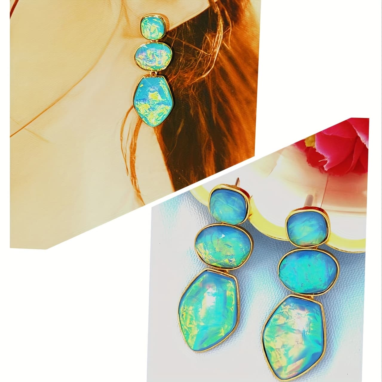 TEMU Women's Iridescent Aurora Effect Layered Earrings; Inlaid With Colored Resin; Suitable For Beach Vacations And Parties