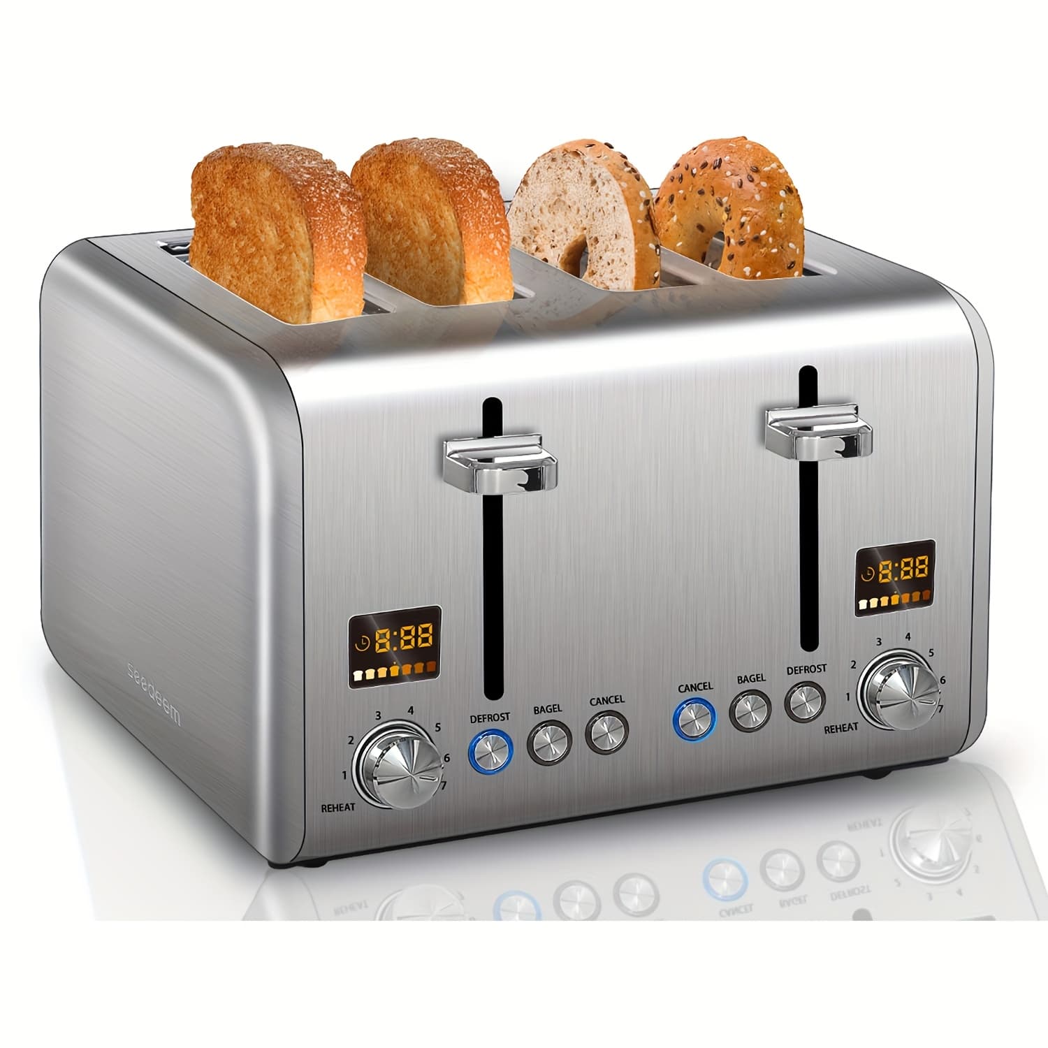 TEMU Household Toaster 2 Or 4 , Lcd Display, 6 Shade Settings Stainless Toaster, 1.5'' Wide Slots, Digital Toaster For Bagel, , , , Removable Crumb Tray, 1800w, Dark Metallic, A For Family