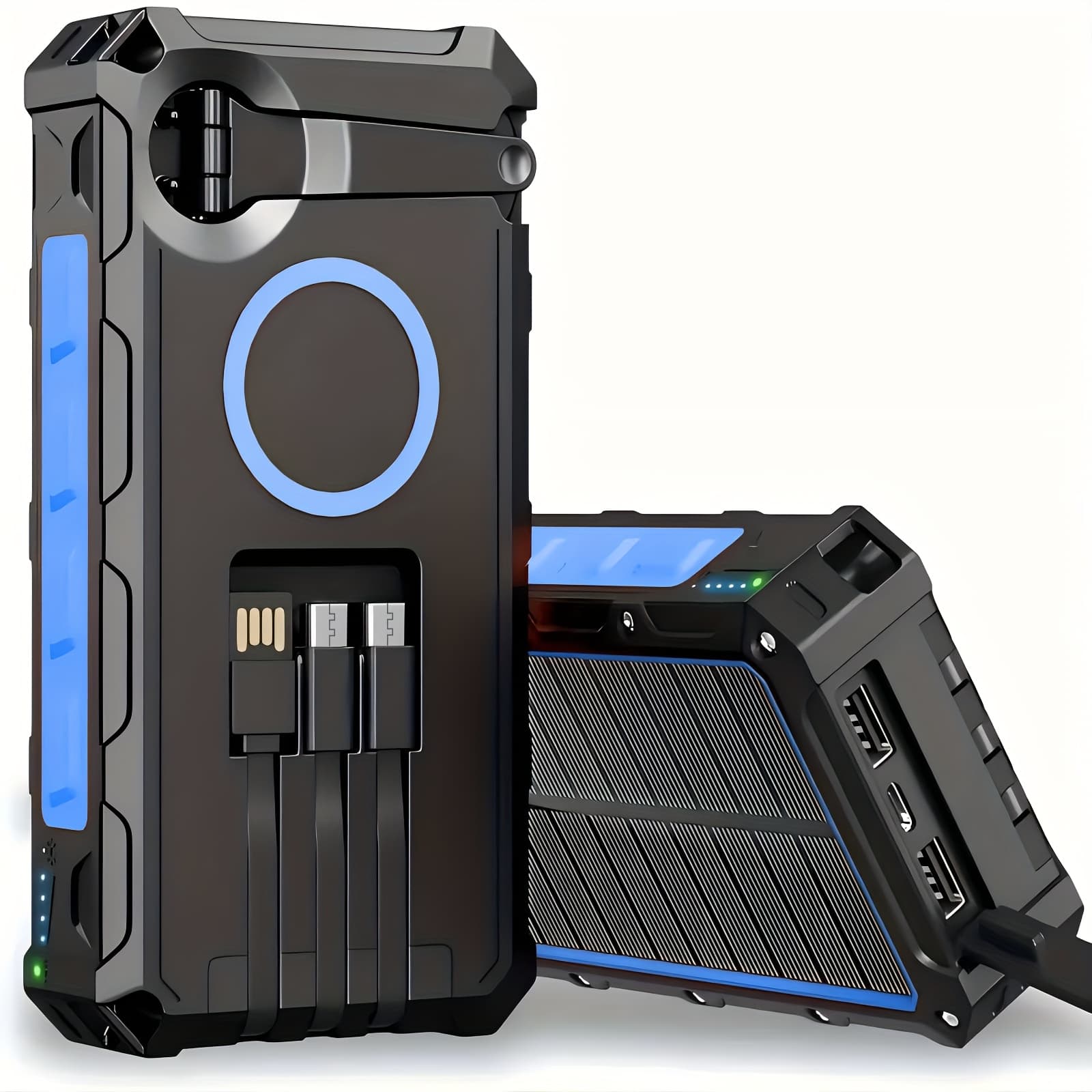 TEMU Power Bank Wireless Charger 30000mah Comes With A Wire Hand Crank And 3 Cables 15w Fast Charging Power Outputs & 4 Solar Portable Charger, Sos/strobe/strong Flashlights - Blue