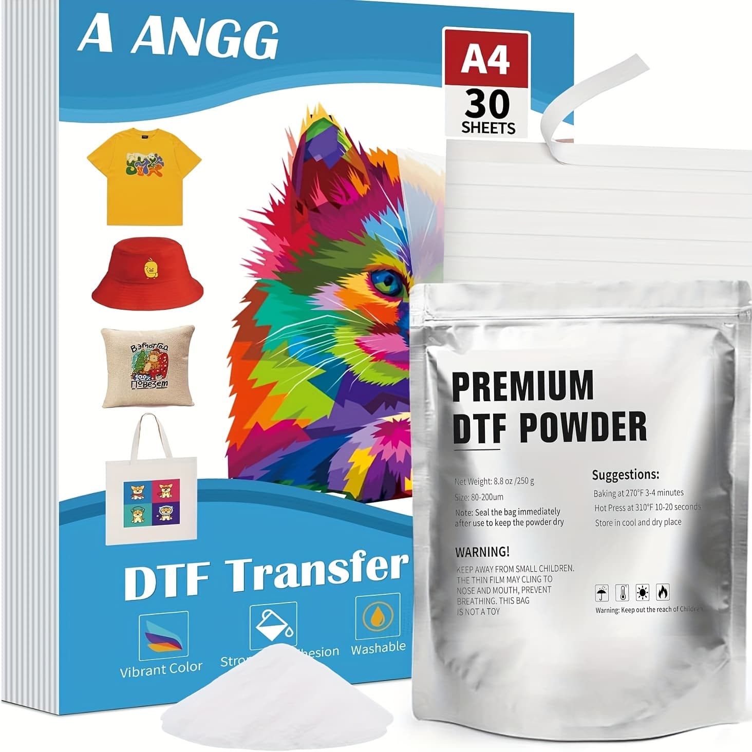 TEMU Dtf Transfer Film And Powder Kit For Dtf & Sublimation Printer, A4 One-side Glossy Dtf Film, 8.8oz Dtf Powder, With Sensor Recognition Stickers, Direct-to-film Transfer For Any Fabric