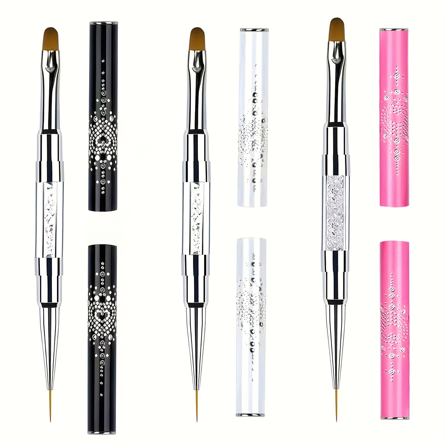 TEMU 3pcs Double-ended Nail Art Brush Set Pointed Tips And Flat Bristles - French Manicure, Precision Drawing And Painting Kit For Salon-quality Nail Designs At Home