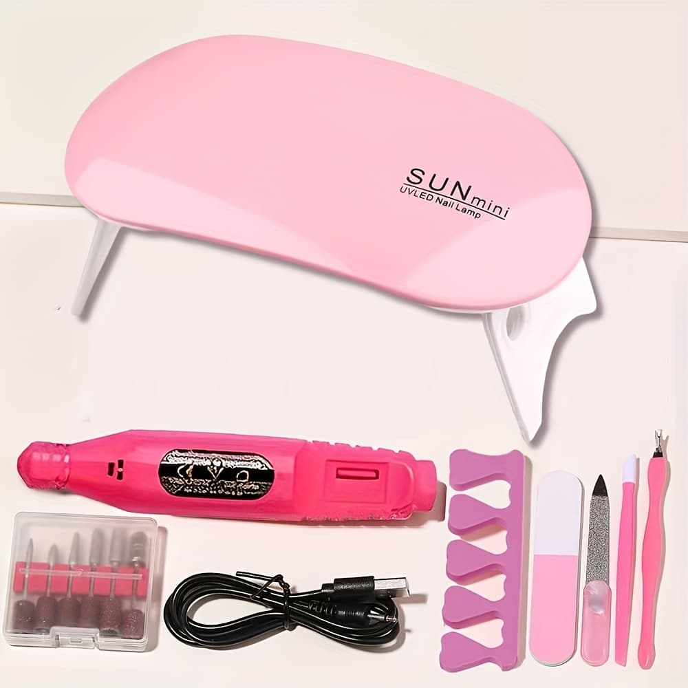 TEMU 7-in-1 Nail Art Tool Set With Nail Lamp, Glue Drying Machine, , Dead Skin Fork, Dead Skin Push, Finger Divider - Stainless For Professional Nail Artists