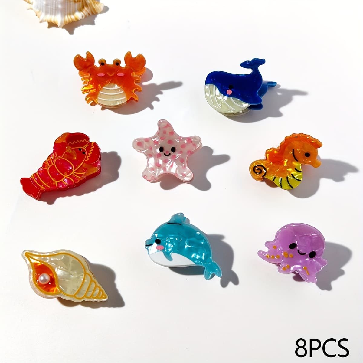 TEMU 8pcs Hair Clips: Dolphin, Seahorse, Starfish, Lobster, Whale Shaped Small Claw Clips For Women's Summer Beach Vacation Hairstyles Simple Accessories