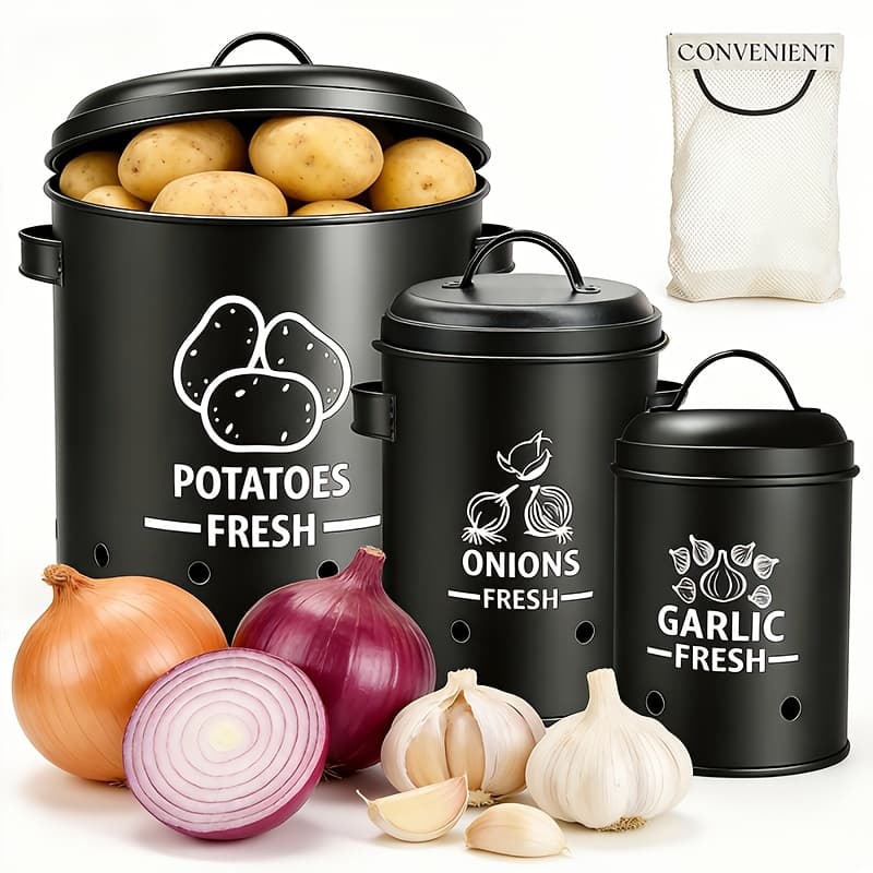 TEMU Kitchen Vegetable Storage Set Of 3, Potato Onion Garlic Storage Jar, Metal Vegetable Fresh-keeper Container, Kitchen Pantry Organizer Jars With Lid And Aerating Holes