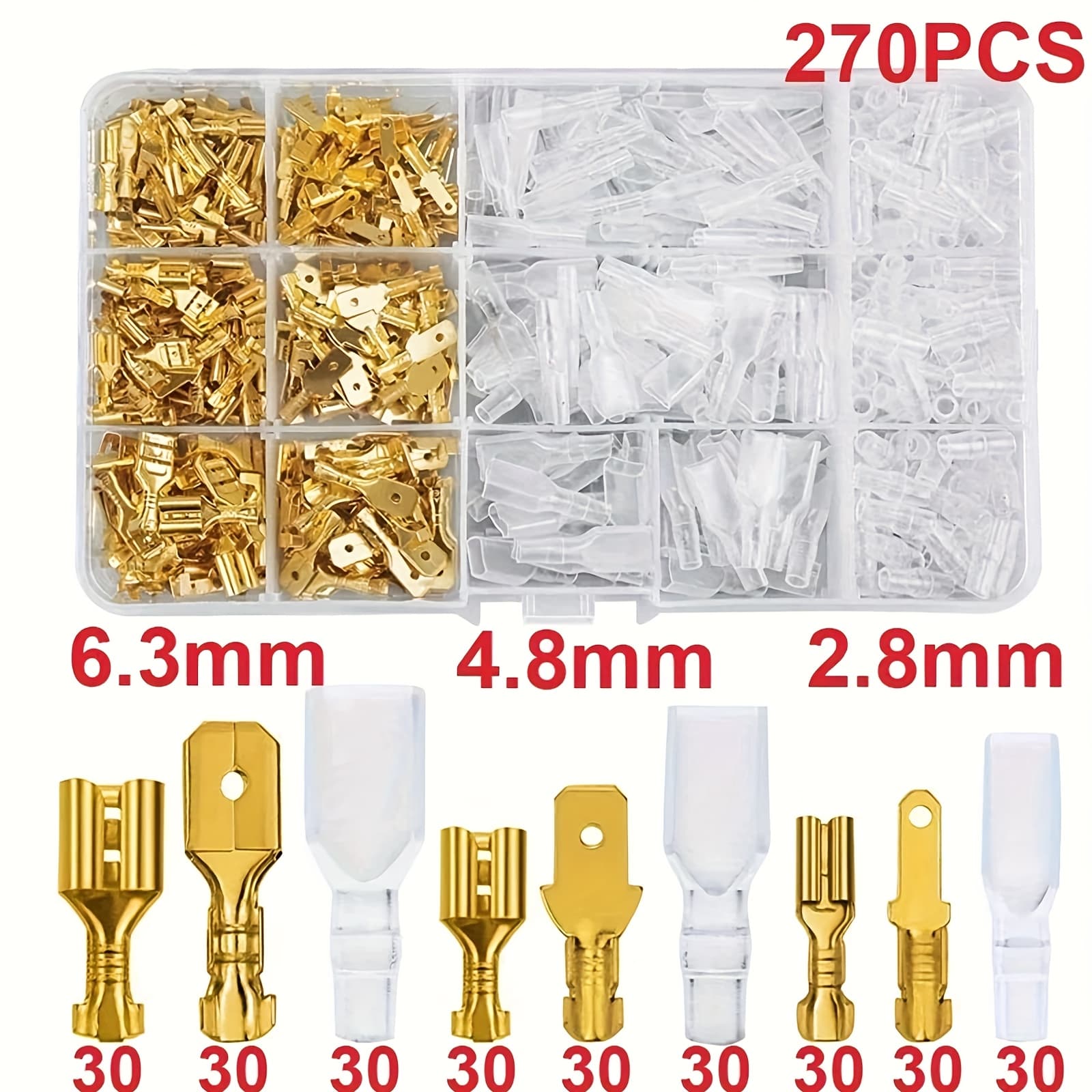 TEMU 270pcs Insulated Spade Connector Kit - 2.8/4.8/6.3mm Male/female Crimp Terminals For Car Audio/wiring, Wire Connectors