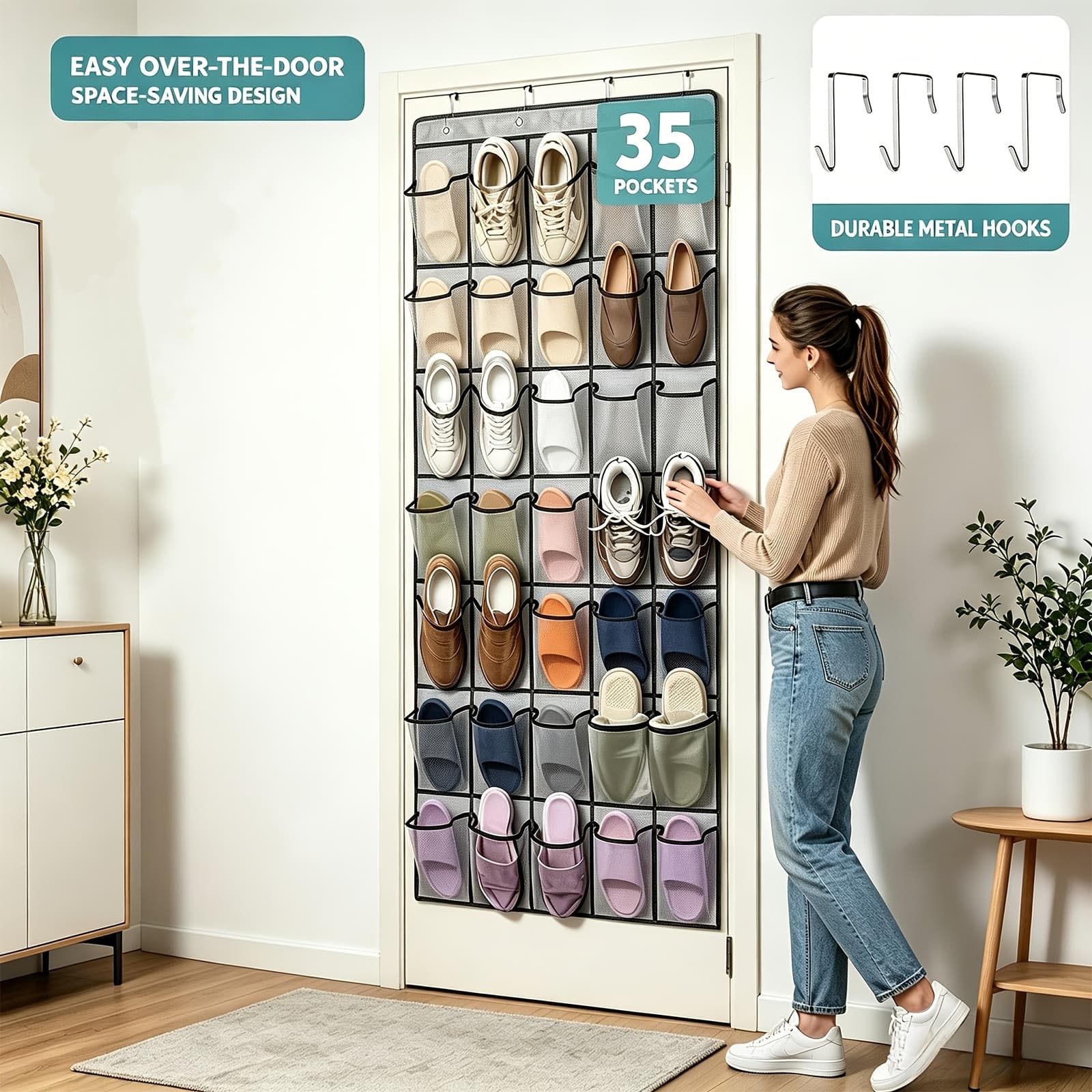 TEMU 1 Over-the-door Shoe Organizer With 35 Mesh Pockets, Large Capacity Hanging Shoe Storage Bag, With 4 Metal Hooks, Suitable For Bedroom, Bathroom, Etc, Hanging Shoe Organizers