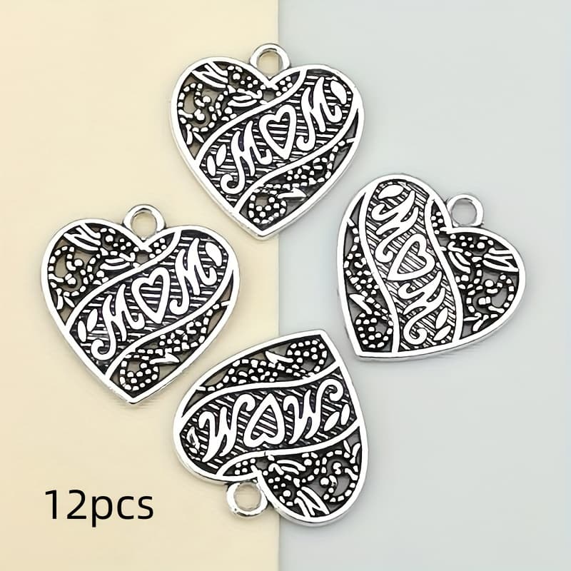 TEMU 12pcs Mom Heart Charms Pendant For Diy Fashion Jewelry Making, Craft Supplies For Bracelets, Necklaces, Earrings Keychains Gift Accessories