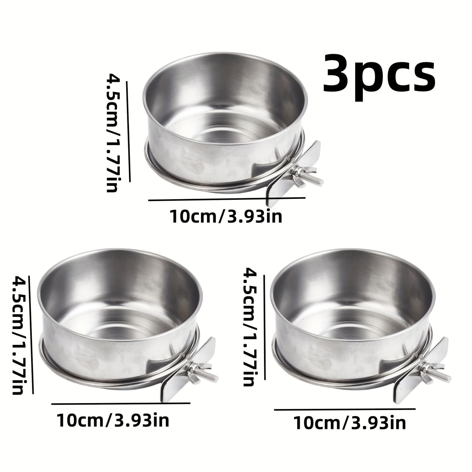 TEMU 3pcs Bird Feeder Waterer Stainless Steel Cup Feeding Bowl Lovebird Cockatiel Finch Feed Water Cup Hung Bird Cage Detachable Hamster Pet Feeding Bowl, Without Battery