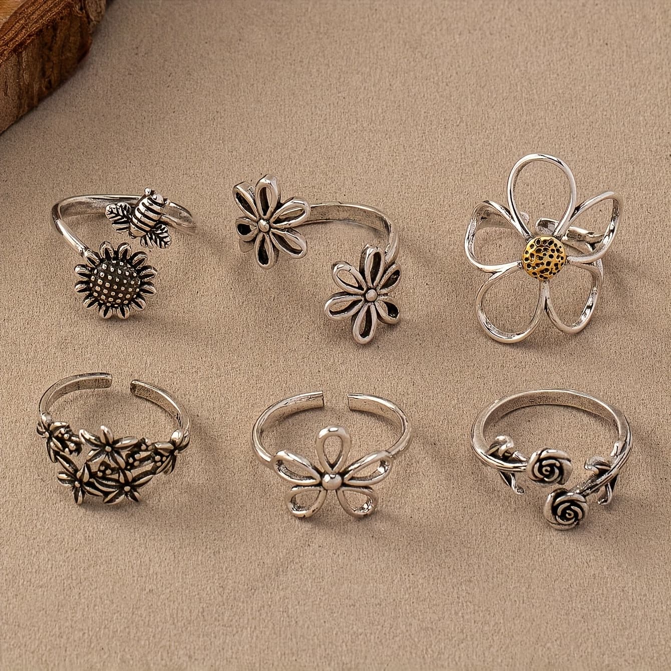 TEMU 6pcs Bohemian Style Rose Hollow Flower Sunflower Set, Adjustable Size, Suitable For Daily Wear, Vacation, And Gift