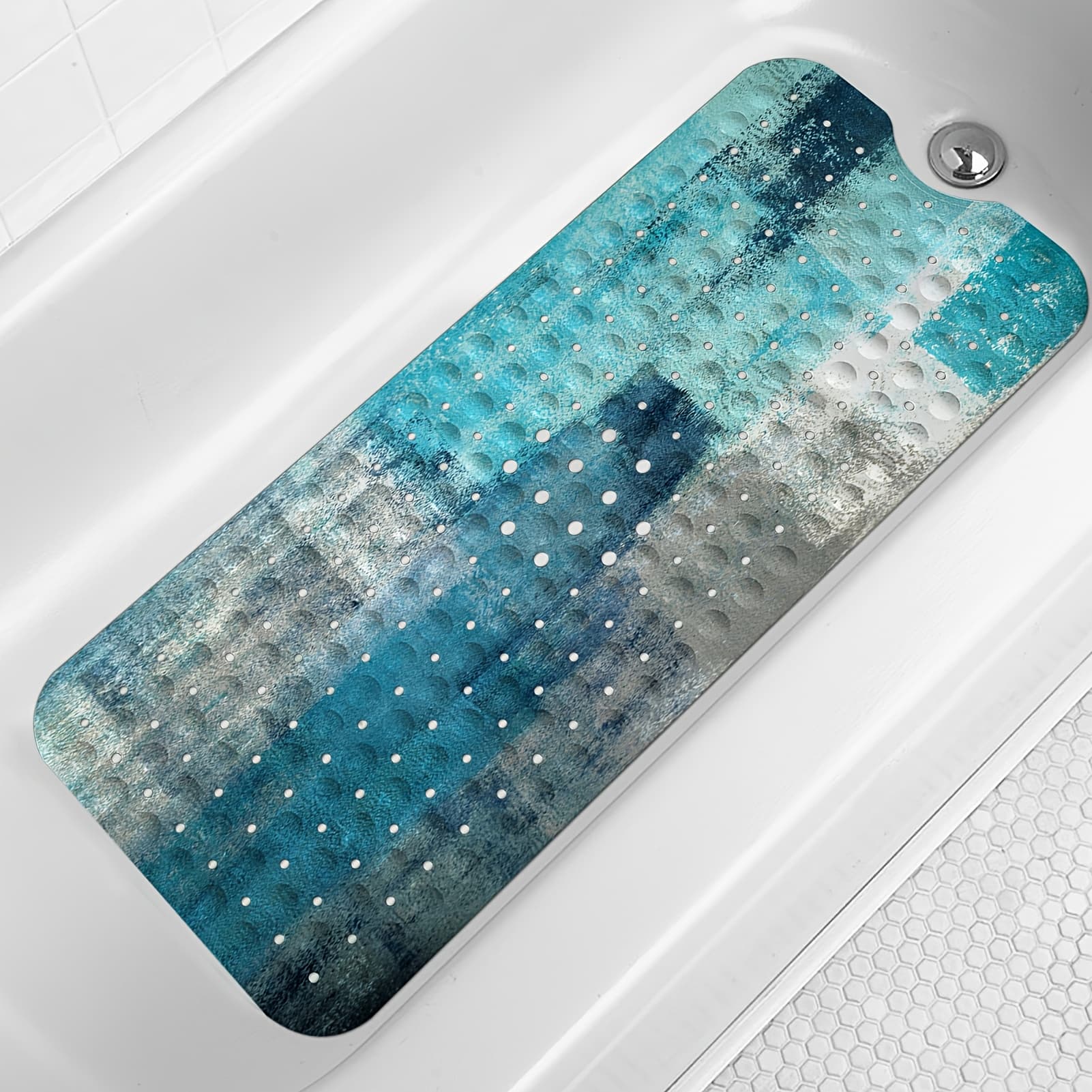 TEMU Non-slip Turquoise Bathtub Mat, Measuring 40 By 16 Inches, Featuring Abstract Art Design, With Drain Holes And Suction Cups For The Shower