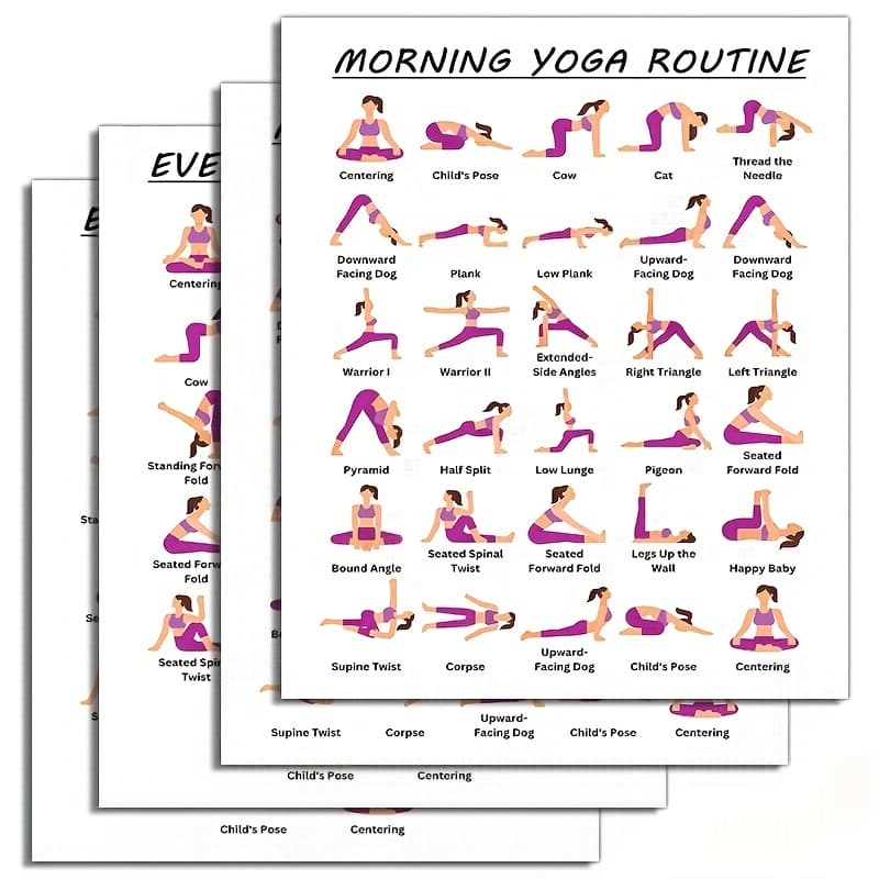 TEMU 4pcs Morning & Evening Yoga Routine Chart - Complete Yoga With Step--step Poses Flowchart, Yoga Art Prints For Practice, 8x10inch Unframed Suitable For Levels (beginners/advanced)
