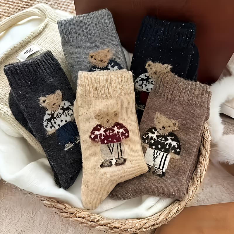 TEMU Autumn Winter 5 Pairs Women's Warm Cute Bear Socks, Comfortable All-match Bear Pattern Plush Mid-calf Socks