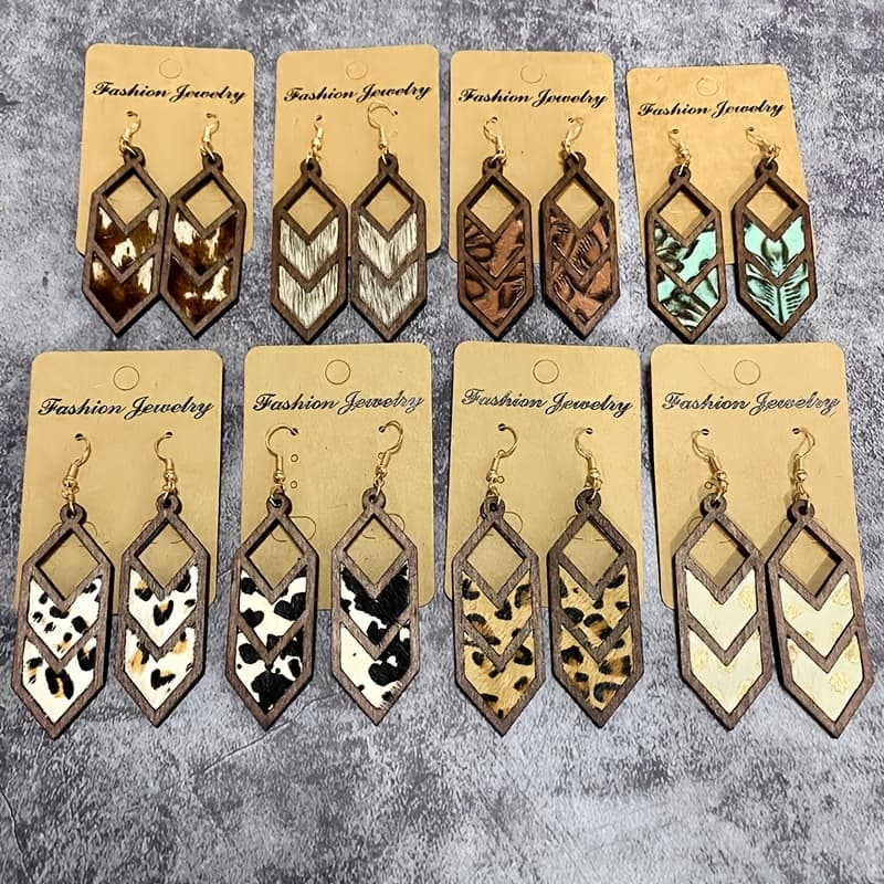TEMU 8 Pairs Of Retro Wooden Earrings Featuring A Hollow Rhombus Shape With A Flocked Leopard Pattern, Perfect For A Versatile Bohemian . A Stylish Geometric Jewelry Gift For Women