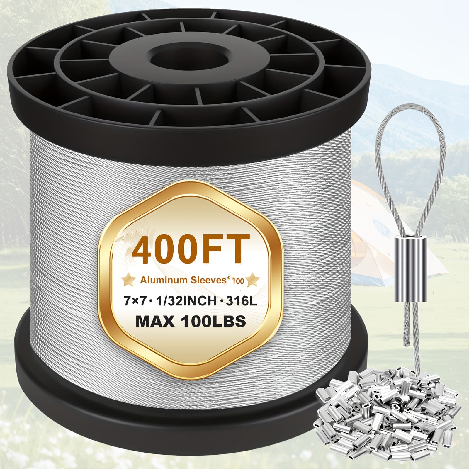 TEMU Steel Wire Rope Cable In Lengths Of 400, 600, 800, And 1000 Feet, Featuring 1/32 Inch Wire Rope And Over 100 Sleeve Stops For Suspending Light Strings, Clotheslines, And Trellis Wires