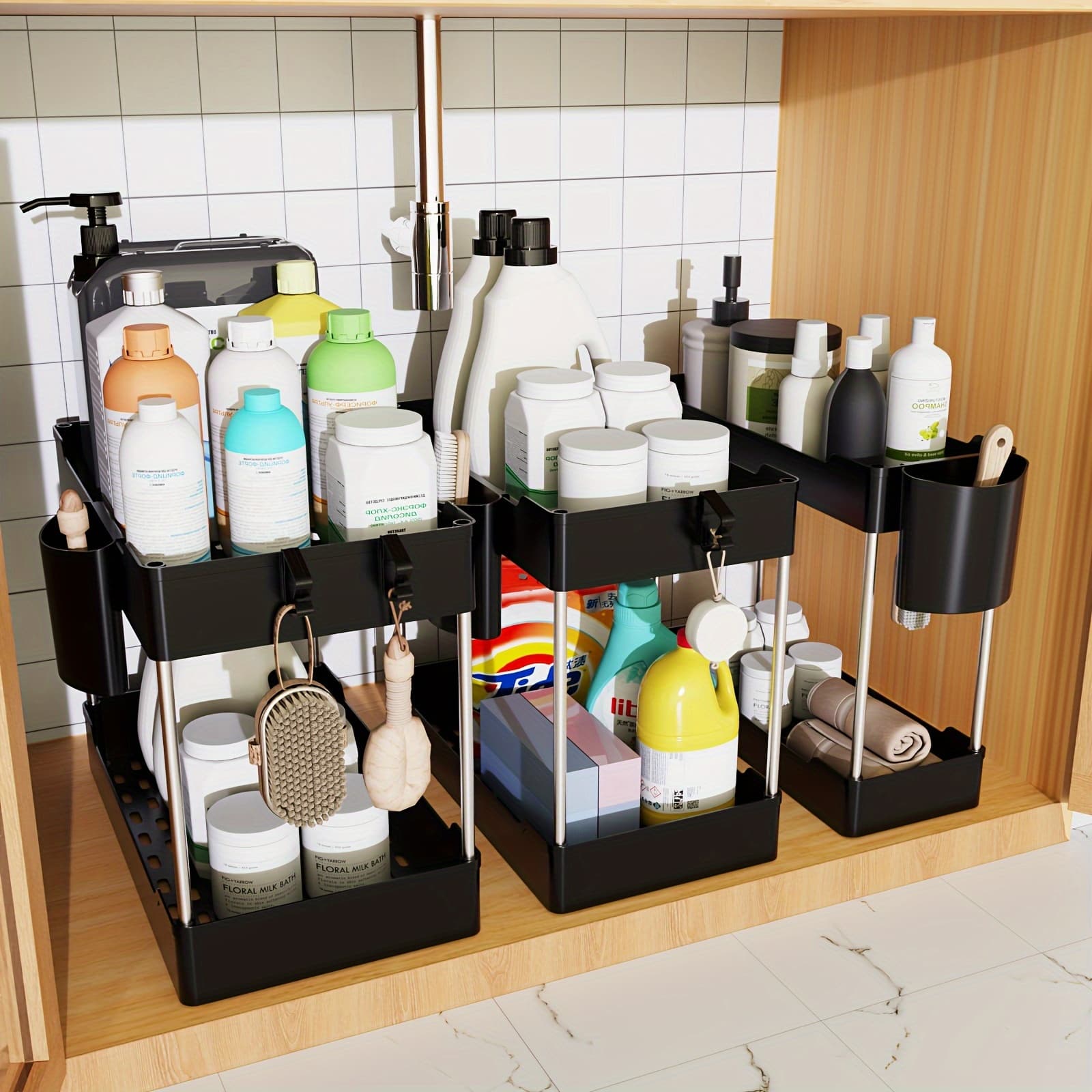 TEMU 3pcs 2 Tier Bathroom Organizer, Under Sink Organizers Storage Bathroom Vanity Counter Storage Container For Kitchen Pantry Cabinet Closet, Medicine Organizer, Shelves