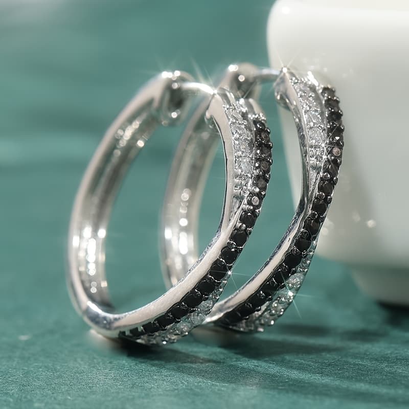 TEMU Classic Silvery Color Round Synthetic Black And White Zirconia Trendy Engagement Hoop Earrings For Women Jewelry