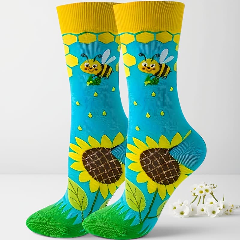 TEMU 1 Pair Of And Sunflower Print Women's Mid-tube Socks, Fun And Cute Women's Socks