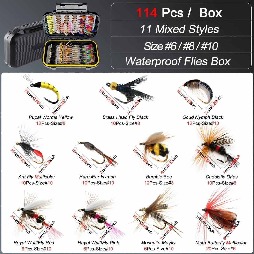 TEMU Fly Fishing Flies Kit, 40pcs/54pcs/114pcs Handmade Fly Fishing Gear With Dry/wet Flies, Streamers, Fly Assortment Trout Fishing With Fly Box Material Artificial Feather&rayon