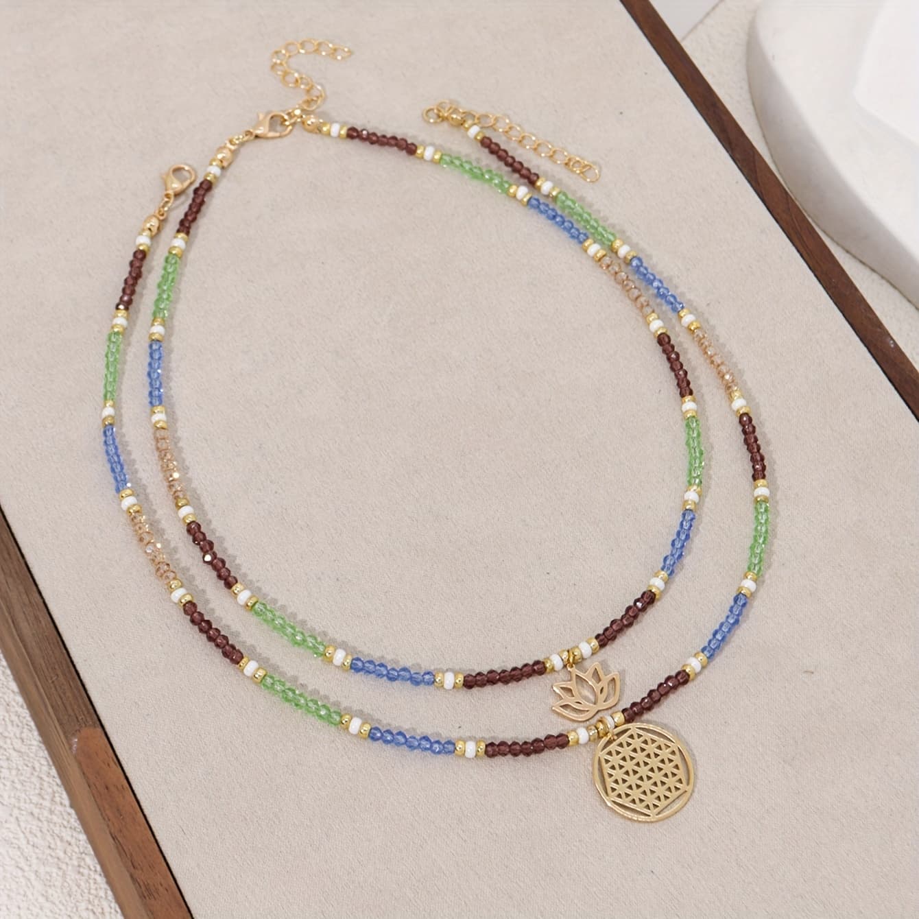 TEMU 2pcs Pendant Necklaces, Bohemian Crystal Bead Lotus Pendant Double Layer Necklace, Vacation Festival Daily Accessory