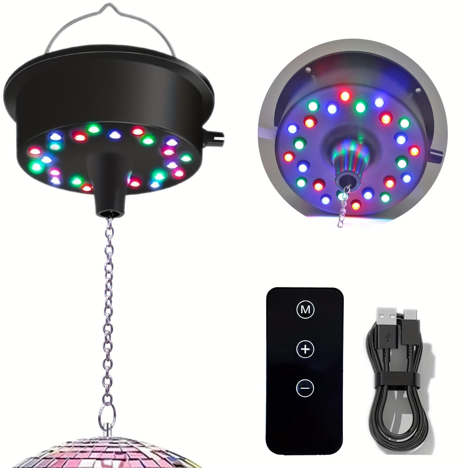 TEMU Remote Rpm--9 Rpm Adjustable Mirror Ball Rotating Motor With 24 Rgb Led Light For 4 6 8 Disco Balls (not ) For Party Decoration Djs Pubs Nightclubs Ktv (usb Powered/ Battery Powered)