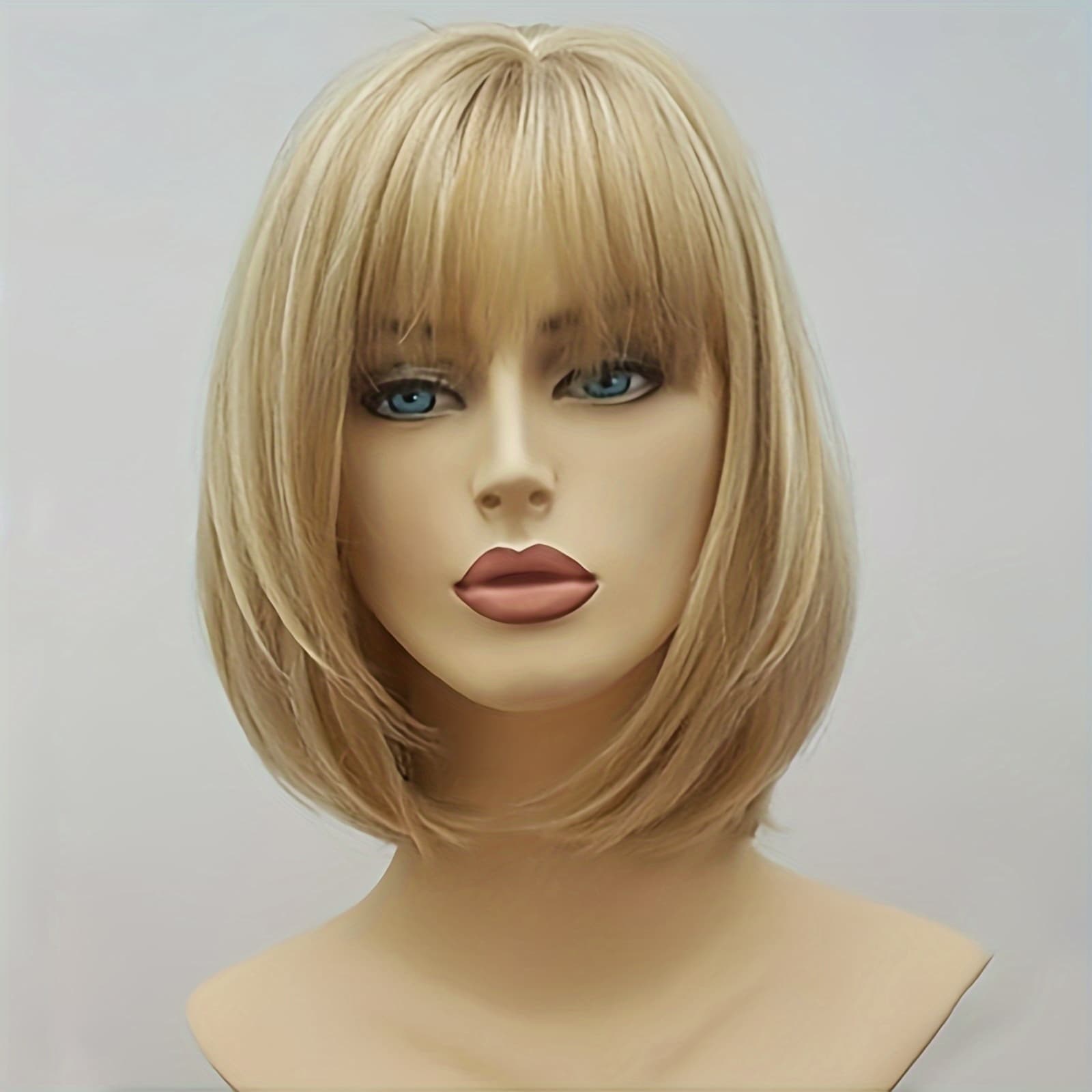TEMU Elegant Ufine 12-inch Blonde Bob Wig With Bangs For Women - Golden Highlights, 150% Density, Heat-resistant Synthetic Fiber, Straight Style, Beginner-friendly, Perfect For Daily Use & , Ufine