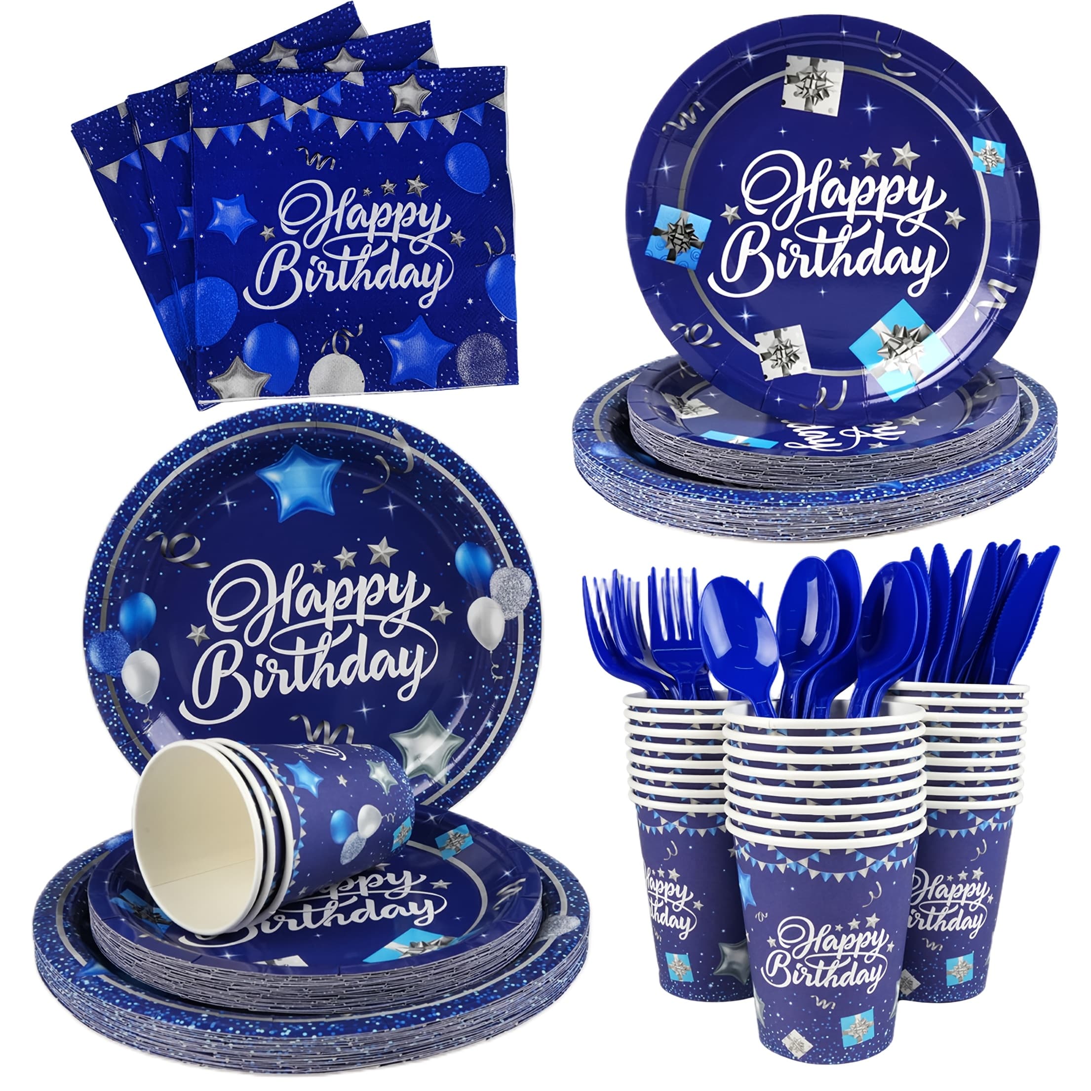 TEMU 175pcs Navy And Silvery Birthday Tableware Set(thickened Heavy-duty), Including Disposable Paper Tray, Tissue, Paper Cup, Knife, Fork And Spoon, Suitable For 25 Guests, Party Supplies (classic)