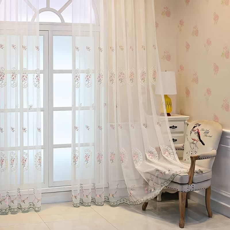 TEMU Floral Embroidered Sheer Curtain - Rod For Easy Hanging, Perfect For Bedroom, Living Room & Office Decor, Curtains For Living Room