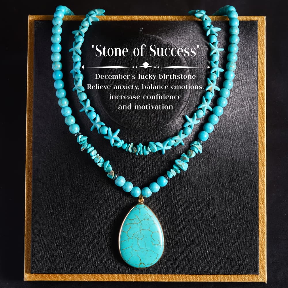 TEMU 2pcs / "stone Of Success" Teardrop-shaped Pendant Necklace, Turquoise Double-layered Beaded Necklace To Anxiety, Suitable For Women' Wear, And A Perfect Gift For Family Or