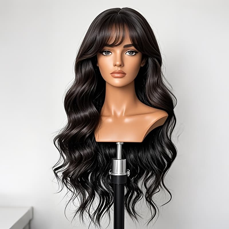 TEMU Women's Bangs Wigs, Wavy Hair Wig, Black, No Glue, Heat Resistant, , High Temperature Wire, Suitable For Daily Wear, Cosplay, Party, Performance, Music Festival