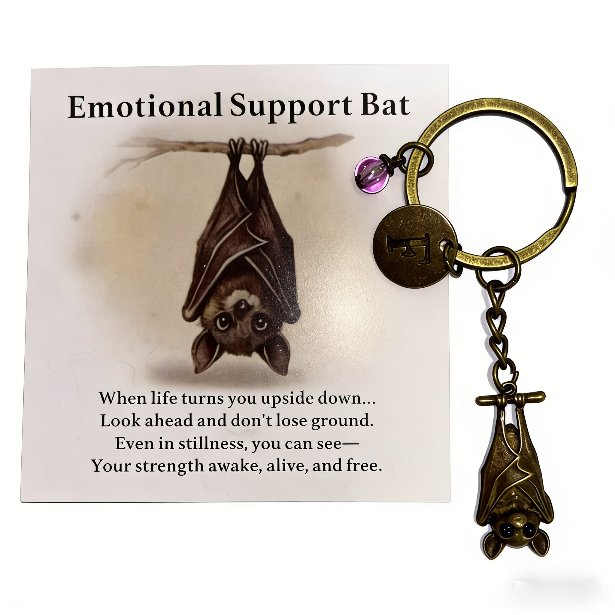 TEMU Emotional Support Bat Metal Keychain With Inspirational Poem Card, Suitable For The Uk | Durable Iron Construction, Includes Inspirational Message Card
