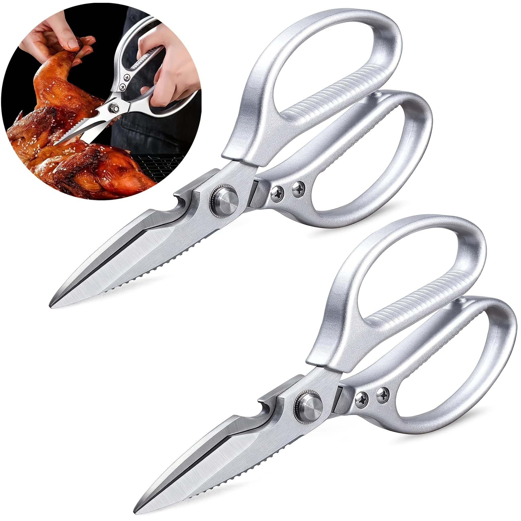 TEMU 2pcs Stainless Steel Kitchen Scissors With Aluminum Alloy Handle Chicken Bone Scissors Kitchen Shears Outdoor Multifunctional Meat Scissors For Meat Shop Kitchen Supplies Christmas Gift